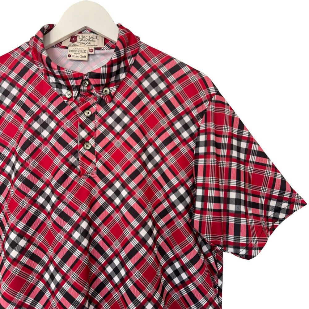 ILIAC Golf Polo Shirt The Paris Ruby Red Tartan Athletic Luxury Preppy Medium